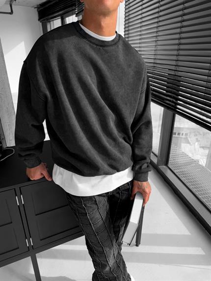 Erkek Oversize Yıkamalı Sweatshirt Siyah