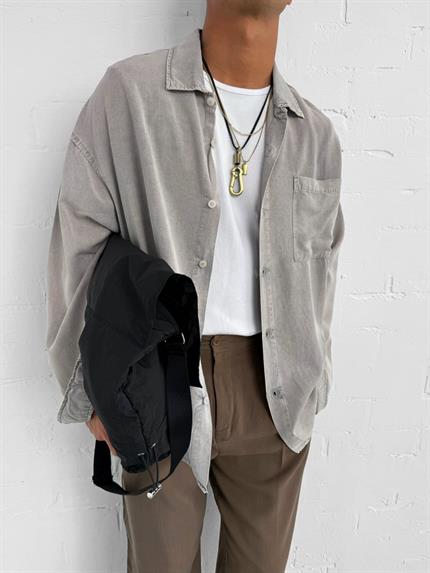 Erkek Oversize Yıkamalı Gömlek Taş Rengi