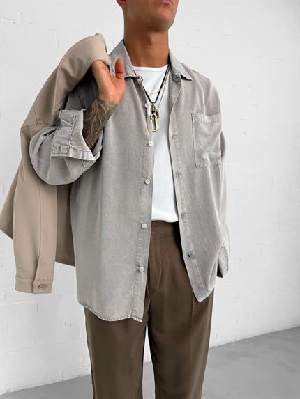 Erkek Oversize Yıkamalı Gömlek Taş Rengi