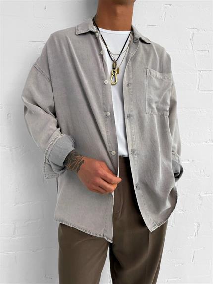 Erkek Oversize Yıkamalı Gömlek Taş Rengi