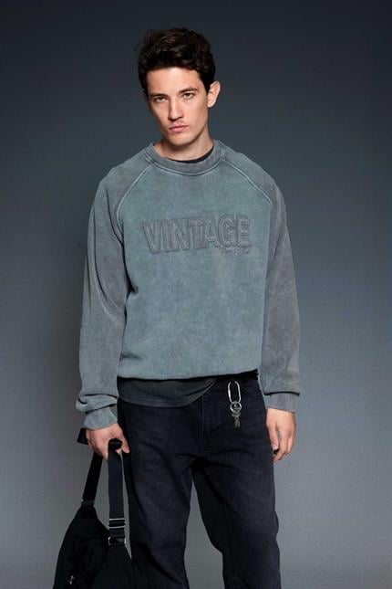 Erkek Oversize Yıkamalı Vintage Nakış Detaylı Sweatshirt Antrasit