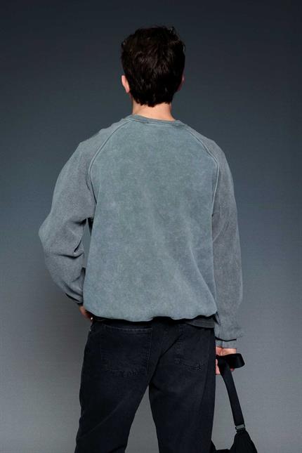 Erkek Oversize Yıkamalı Vintage Nakış Detaylı Sweatshirt Antrasit