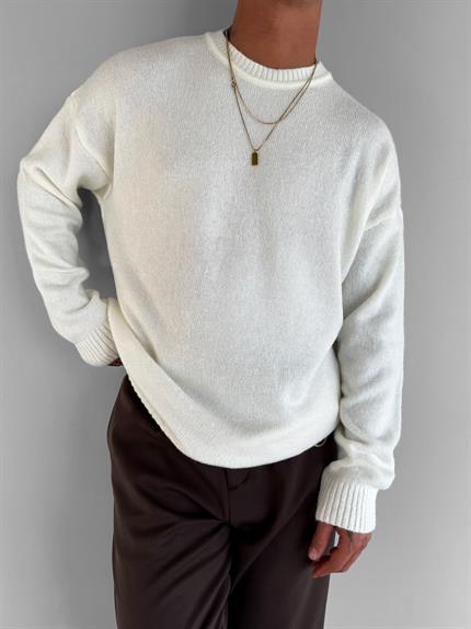 Erkek Oversize Yumuşak Dokulu Kazak Ekru