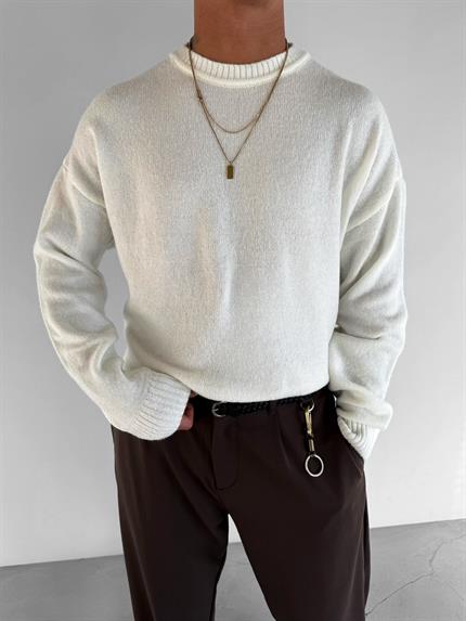 Erkek Oversize Yumuşak Dokulu Kazak Ekru