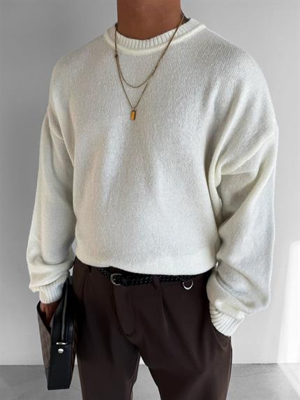 Erkek Oversize Yumuşak Dokulu Kazak Ekru