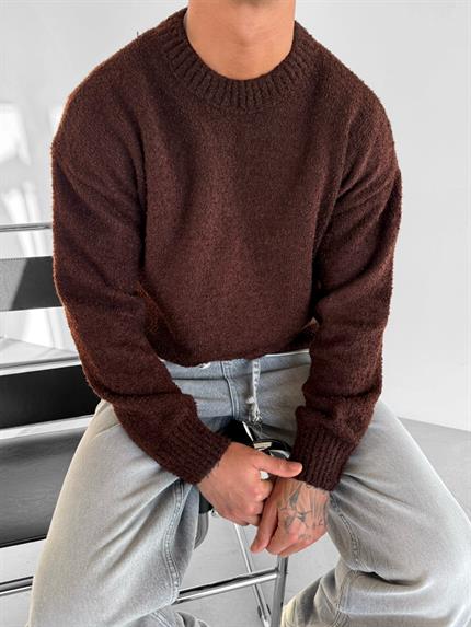 Erkek Oversize Yumuşak Dokulu Kazak Kahverengi