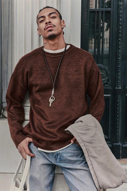 Erkek Oversize Yumuşak Dokulu Kazak Kahve