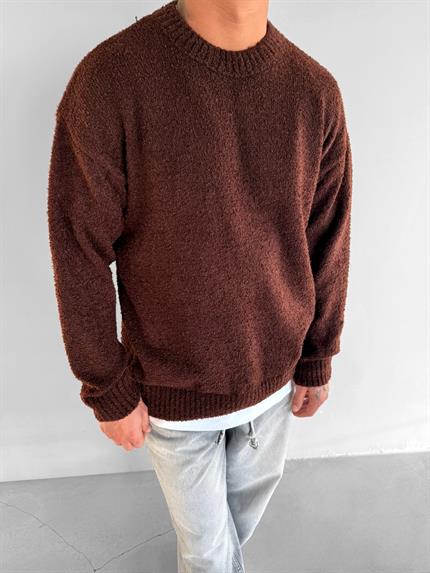 Erkek Oversize Yumuşak Dokulu Kazak Kahverengi
