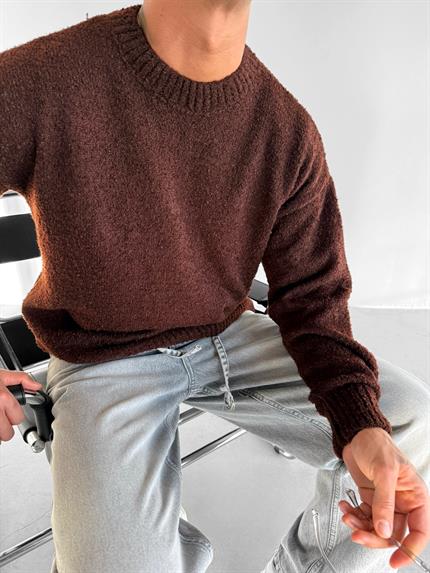 Erkek Oversize Yumuşak Dokulu Kazak Kahverengi