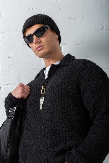 Erkek Oversize Yumuşak Dokulu Örme Kazak Siyah