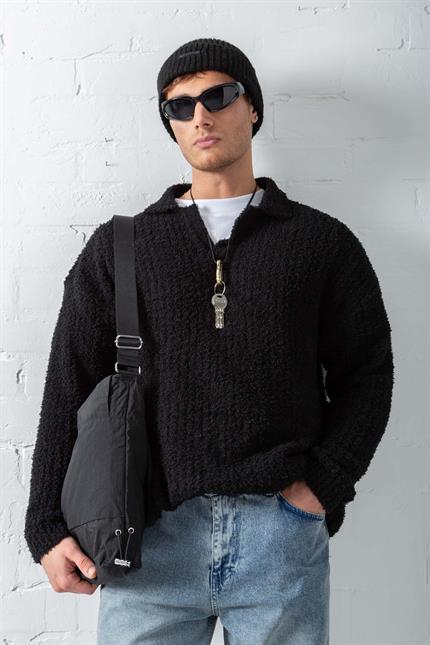 Erkek Oversize Yumuşak Dokulu Örme Kazak Siyah