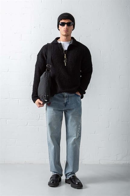 Erkek Oversize Yumuşak Dokulu Örme Kazak Siyah