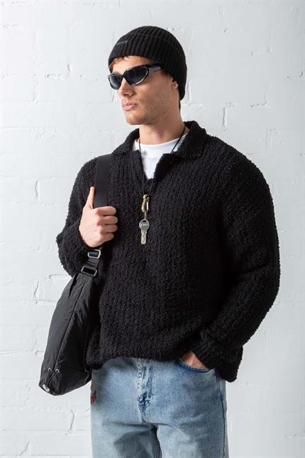 Erkek Oversize Yumuşak Dokulu Örme Kazak Siyah