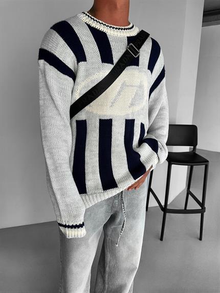 Erkek Oversize Yuvarlak Yaka Desenli Kazak Siyah Beyaz