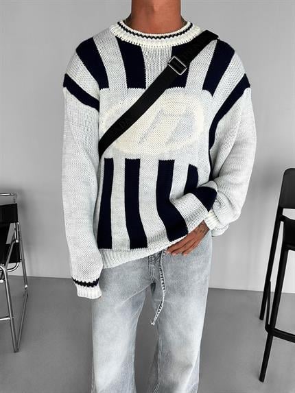 Erkek Oversize Yuvarlak Yaka Desenli Kazak Siyah Beyaz