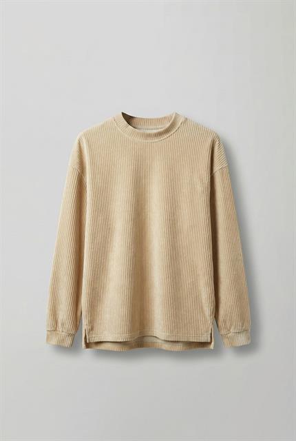 Erkek Oversize Yuvarlak Yaka Fitilli Kadife Sweatshirt Bej