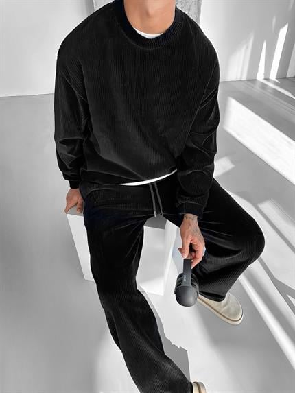 Erkek Oversize Yuvarlak Yaka Fitilli Kadife Sweatshirt Siyah
