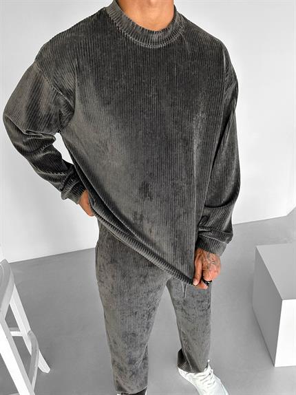 Erkek Oversize Yuvarlak Yaka Fitilli Kadife Sweatshirt Füme