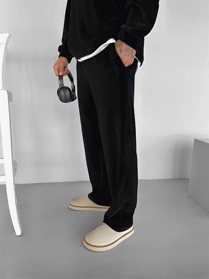 Erkek Oversize Yuvarlak Yaka Fitilli Kadife Sweatshirt Siyah