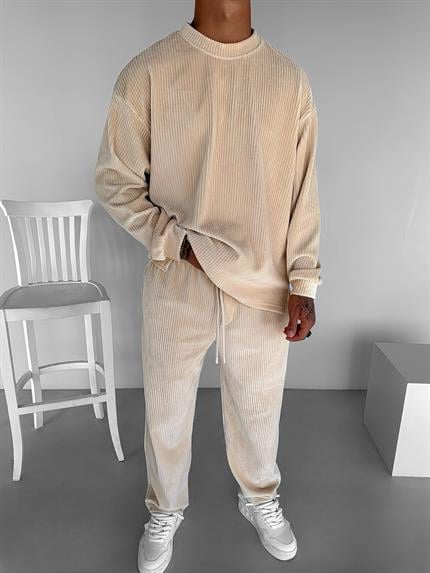 Erkek Oversize Yuvarlak Yaka Fitilli Kadife Sweatshirt Bej