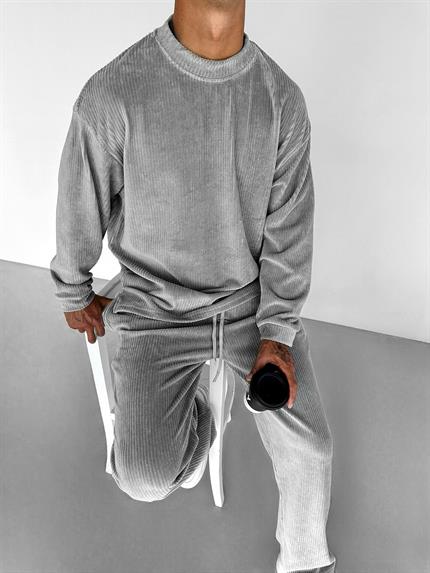 Erkek Oversize Yuvarlak Yaka Fitilli Kadife Sweatshirt Gri