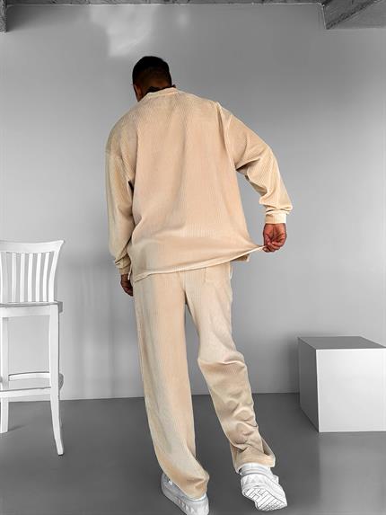 Erkek Oversize Yuvarlak Yaka Fitilli Kadife Sweatshirt Bej