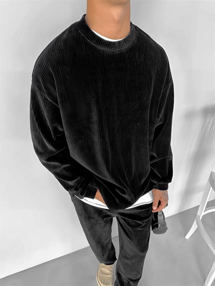 Erkek Oversize Yuvarlak Yaka Fitilli Kadife Sweatshirt Siyah