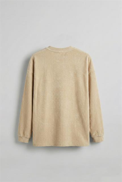 Erkek Oversize Yuvarlak Yaka Fitilli Kadife Sweatshirt Bej