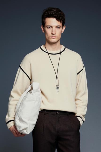 Erkek Oversize Yuvarlak Yaka Kontrast Detaylı Kazak Bej