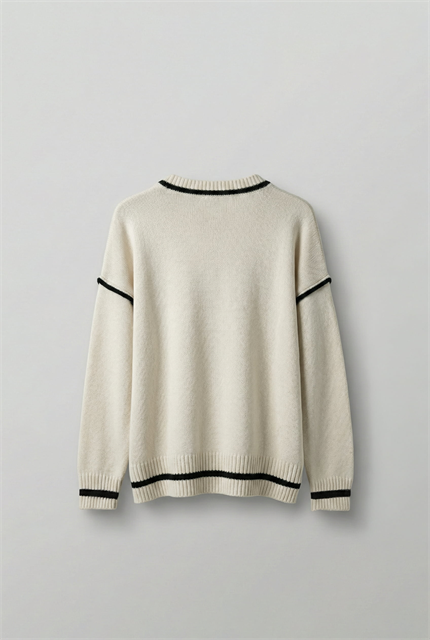 Erkek Oversize Yuvarlak Yaka Kontrast Detaylı Kazak Bej