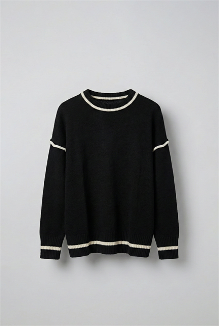 Erkek Oversize Yuvarlak Yaka Kontrast Detaylı Kazak Siyah