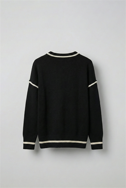 Erkek Oversize Yuvarlak Yaka Kontrast Detaylı Kazak Siyah