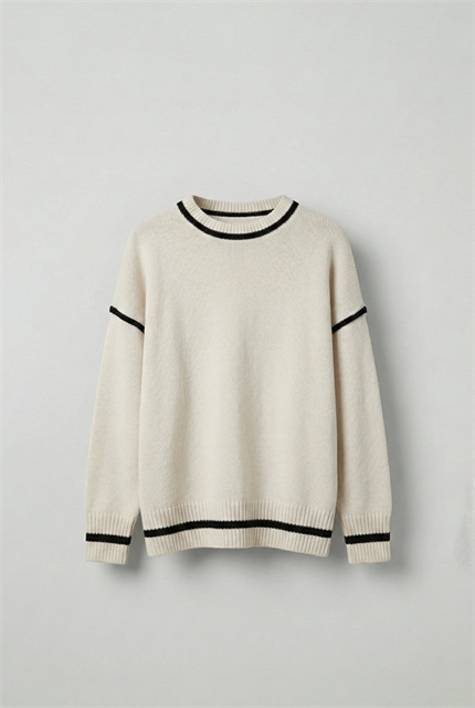 Erkek Oversize Yuvarlak Yaka Kontrast Detaylı Kazak Bej