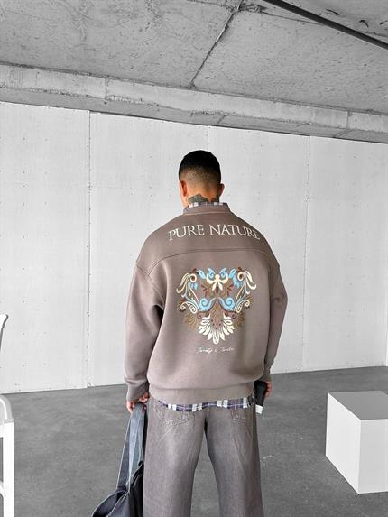 Erkek Oversize Yuvarlak Yaka Nakışlı  Sweatshirt Kahverengi