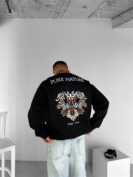 Erkek Oversize Yuvarlak Yaka Nakışlı  Sweatshirt Siyah
