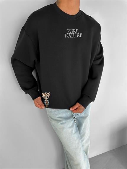 Erkek Oversize Yuvarlak Yaka Nakışlı  Sweatshirt Siyah