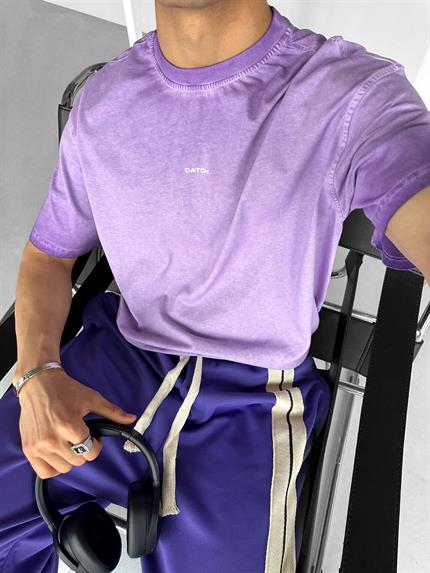 Erkek Oversize Yuvarlak Yaka Yıkamalı Catch T-Shirt Mor
