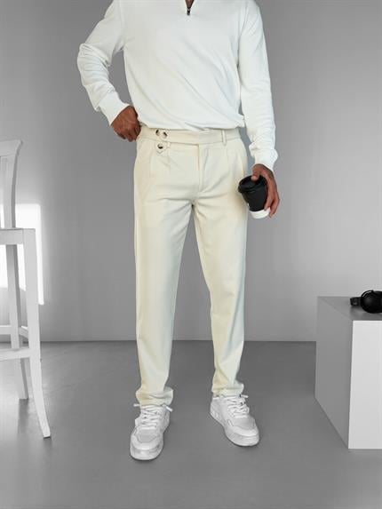 Erkek Pileli Kumaş Pantolon Açık Krem
