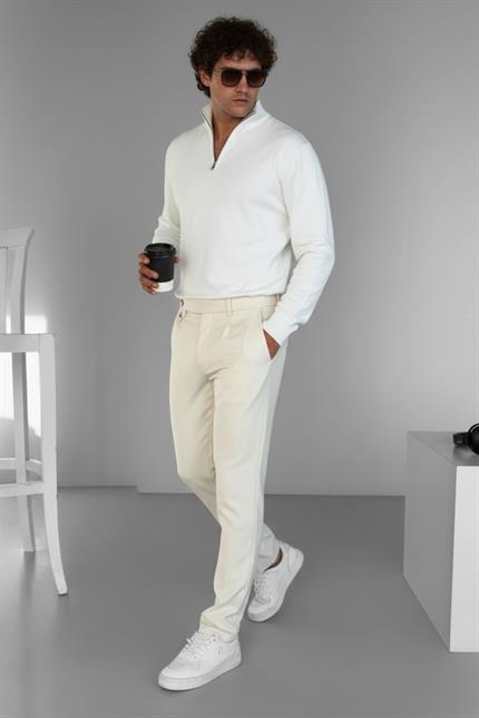 Erkek Pileli Kumaş Pantolon Açık Krem