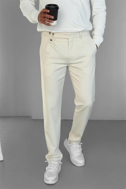 Erkek Pileli Kumaş Pantolon Açık Krem