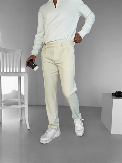 Erkek Pileli Kumaş Pantolon Açık Krem