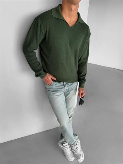Erkek Polo V Yaka Slim Fit Basic Kazak Yeşil
