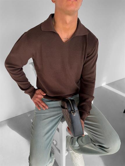 Erkek Polo V Yaka Slim Fit Basic Kazak Kahverengi