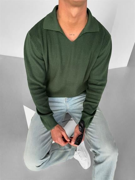 Erkek Polo V Yaka Slim Fit Basic Kazak Yeşil