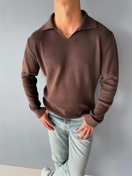 Erkek Polo V Yaka Slim Fit Basic Kazak Kahverengi
