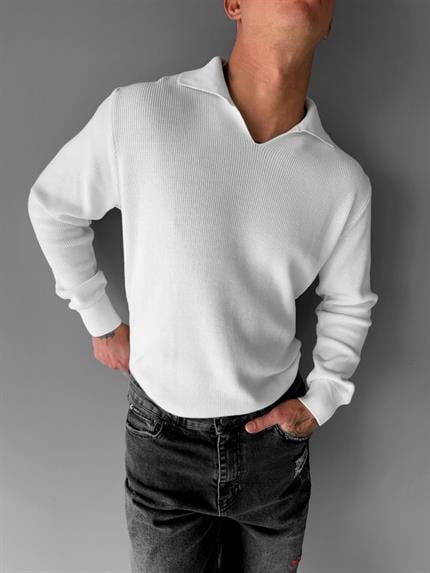 Erkek Polo V Yaka Slim Fit Basic Kazak Ekru