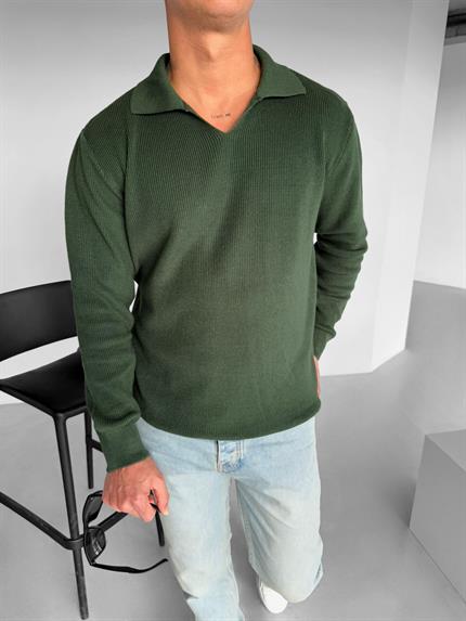 Erkek Polo V Yaka Slim Fit Basic Kazak Yeşil