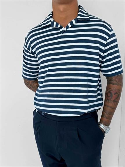 Erkek Polo Yaka Çizgili Rahat T-Shirt Mavi