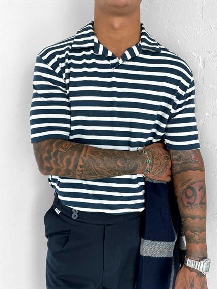 Erkek Polo Yaka Çizgili Rahat T-Shirt Mavi