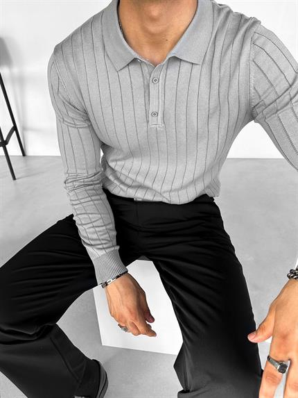 Erkek Polo Yaka Düğmeli Fitilli Triko Kazak Gri